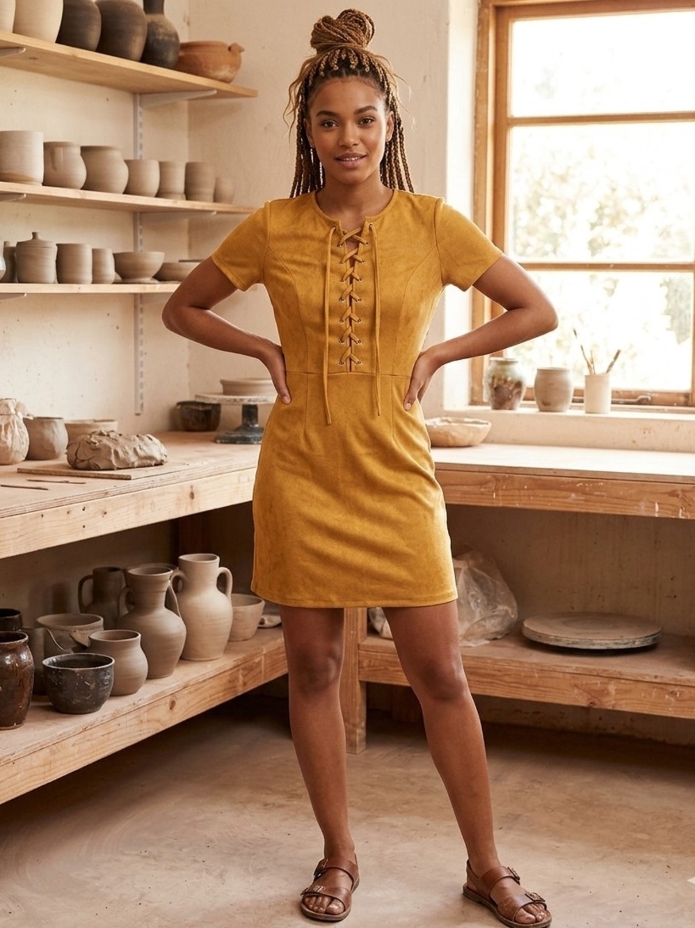 NWT Design Lab Faux Suede Lace-Up Dress Mini Mustard Yellow Short Sleeve Size: S